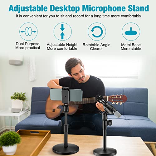 Hoteam 4 Pieces 3 in 1 Desktop Microphone Stand Adjustable Table Mic Stand Multi Function Mic Stand with Microphone Clip, Cell Phone Clip, 5/8" Male to 3/8" Female Metal Adapter