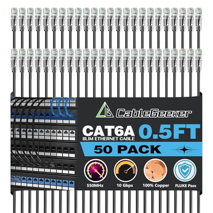 CableGeeker Cat 6A Slim Ethernet Patch Cables, 0.5 ft, 50-Pack, Black | 28AWG Pure Copper, 10Gbps/550MHz, Snagless Gold-Plated RJ45, Ultra-Thin Flexible Design for Switches, Patch Panels, and Racks - color: Black-Slim, size: 0.5ft, style: 50 Pack
