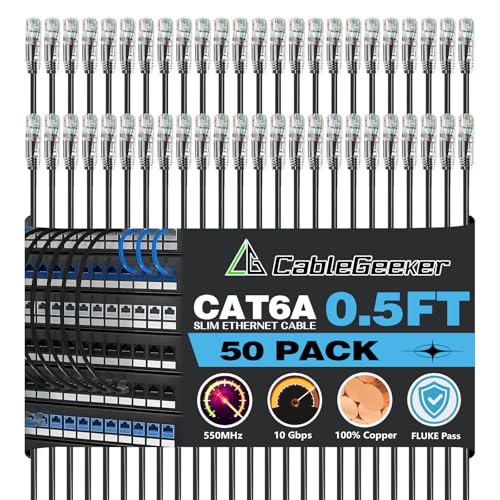 CableGeeker Cat 6A Slim Ethernet Patch Cables, 0.5 ft, 50-Pack, Black | 28AWG Pure Copper, 10Gbps/550MHz, Snagless Gold-Plated RJ45, Ultra-Thin Flexible Design for Switches, Patch Panels, and Racks - color: Black-Slim, size: 0.5ft, style: 50 Pack