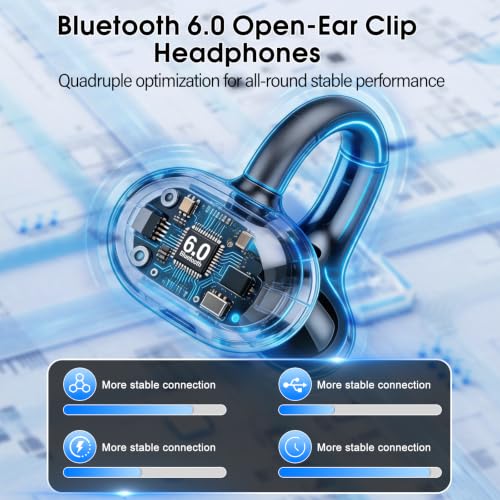 Clip-On Open Ear Earbuds Wireless Bluetooth 6.0 with Heart Rate Monitor | 72H HiFi Stereo Ear Buds with Zemyee Life App, 6 EQ Modes, Full-Area Tap Control Running Headphones for Sport/Work,Black
