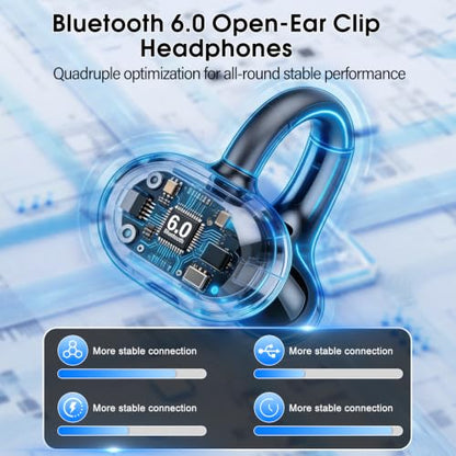 Clip-On Open Ear Earbuds Wireless Bluetooth 6.0 with Heart Rate Monitor | 72H HiFi Stereo Ear Buds with Zemyee Life App, 6 EQ Modes, Full-Area Tap Control Running Headphones for Sport/Work,Black