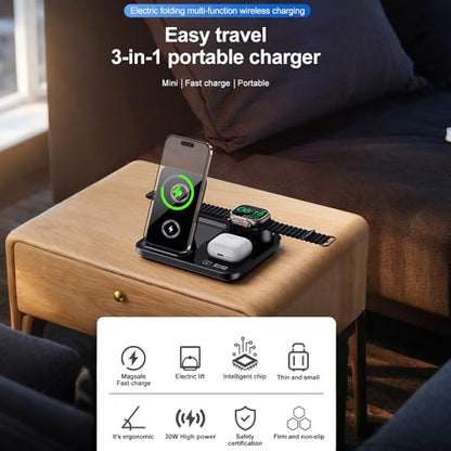 IHAO 3in1 Auto-Rising Wireless Charging Station 15W Fast Charge Ultra-Slim Foldable Design Wireless Charger for Phone Earbud and i-Watch QC3.0 & PD Compatible - color: 3in1 wireless Charger R13 Black