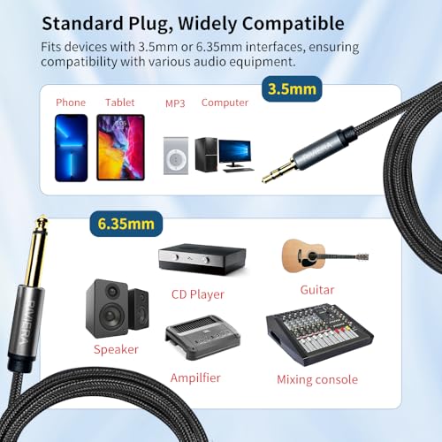 RIVIERA 6FT/1.8M Audio Cable 3.5mm 1/8" TRS to 6.35mm 1/4" TS Braided Sheild Pure Copper Wire and 24K Gold Plated Low Noise Cable with Braided Nylon Jacket for Digital Players & Musical Instruments - color: 1/4-1/8 TRS Black, size: 6FT/1.8M