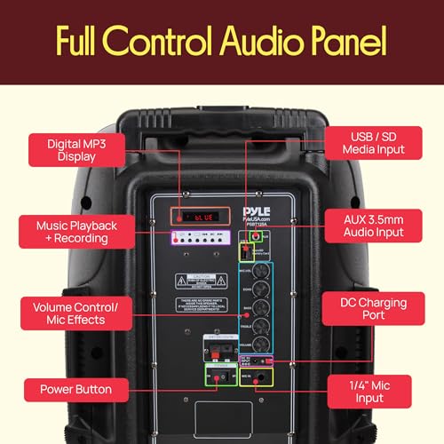 1200W Portable Bluetooth PA Speaker - 12’’ Subwoofer, LED Battery Indicator Lights w/Built-in Rechargeable Battery, MP3/USB/SD Card Reader, and UHF Wireless Microphone - Pyle PSBT125A - size: 12 inch