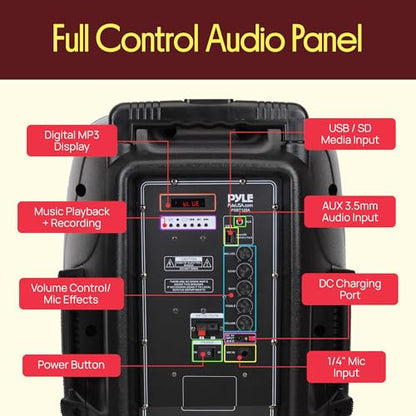 1200W Portable Bluetooth PA Speaker - 12’’ Subwoofer, LED Battery Indicator Lights w/Built-in Rechargeable Battery, MP3/USB/SD Card Reader, and UHF Wireless Microphone - Pyle PSBT125A - size: 12 inch
