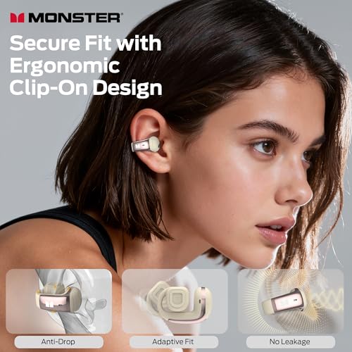 Monster Airclip AC210 Open Ear Headphones, Clip-On Earbuds, Lightweight Comfort, Secure Fit, Crystal-Clear Call, IPX6, 36H Playtime, Bluetooth 6.0 Wireless Earbuds for Running/Cycling/Gym (White)