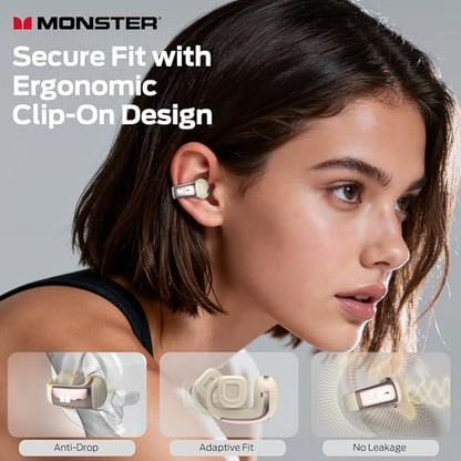 Monster Airclip AC210 Open Ear Headphones, Clip-On Earbuds, Lightweight Comfort, Secure Fit, Crystal-Clear Call, IPX6, 36H Playtime, Bluetooth 6.0 Wireless Earbuds for Running/Cycling/Gym (White)