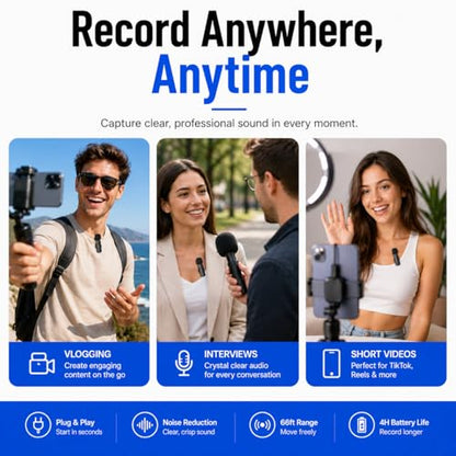 Acuvar Wireless Lavalier Microphone for Vlogging iPhone & Android, 2 Pack Mini Wireless Mic, Plug & Play Clip On Mics for Vlogging Video Recording, Interview, Adapter