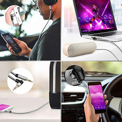 90-Degree Right Angle Aux Cord 15ft, 3.5mm Audio Cable Nylon Braided, Hi-Fi Stereo Sound for Car Stereo, Headphones, Speakers, Desktop Gaming - No Bulk, No Strain - size: 15 ft