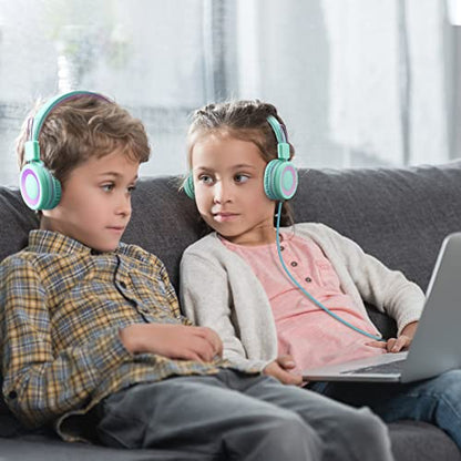 POWMEE P10 Kids Headphones with Microphone Stereo Headphones for Children Boys Girls,Adjustable 85dB/94dB Volume Control Foldable On-Ear Headphone with Microphone for School/PC/Cellphone(Green) - color: Green