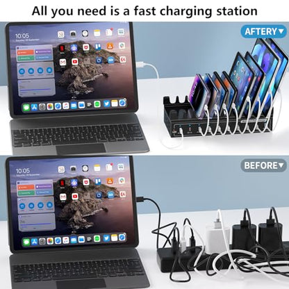 200W USB C Charging Station 10-Port Fast Charger for Multiple Devices, PD/QC Desktop Charging Hub for MacBook iPhone iPad Phones