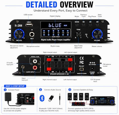 Romicta 4 Channel Bluetooth 5.0 Stereo Amplifier, 50Wx4 Home Audio Stereo Receiver, 1200W Max, USB/SD/FM, Class D HiFi Power Amp for Home Theater, Car & Karaoke, Includes Remote & Power Adapter - style: 4.0 CH (With FM)