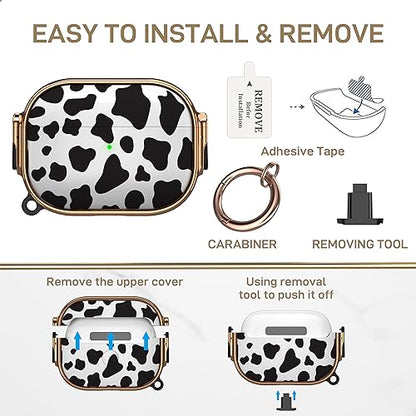 for AirPods Pro 2nd/1st Case with Lock, Magsafe Compatible, Cow Print | Double Secure Lock,Drop Protection,Two-Piece Design,with Gold Keychain, Anti Lost, Dustproof, Cute AirPods Pro 2nd/1st Case - color: Cow + Gold, size: AirPods Pro2/Pro1 Case