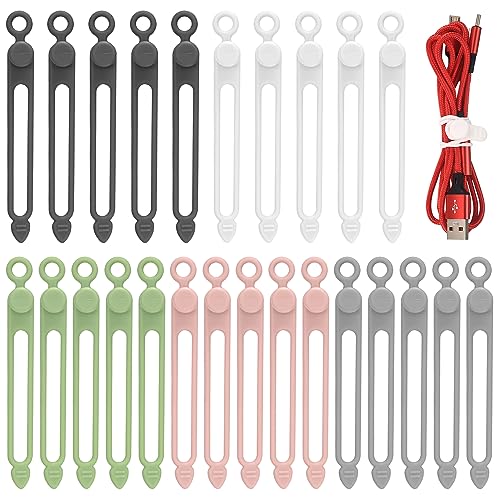 25 Pcs Silicone Cable Ties, Reusable Cable Straps Wire Organizer. | Cable Management Cord Organizer for Fastening Earphone Phone Charger Home Office Desk Kitchen Appliances Cable Cords Wires - color: A-25pcs 5 Colors