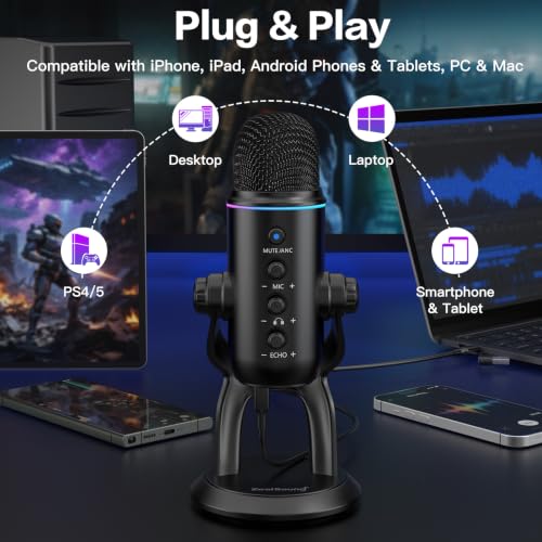 ZealSound Podcast Microphone, Noise Cancellation USB Mic with Gain, Volume & Mute Control, Zero-Latency Monitoring, Echo & RGB Lighting, for YouTube TikTok Podcasting Gaming PC iPhone iPad Android Mac