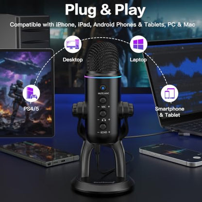 ZealSound Podcast Microphone, Noise Cancellation USB Mic with Gain, Volume & Mute Control, Zero-Latency Monitoring, Echo & RGB Lighting, for YouTube TikTok Podcasting Gaming PC iPhone iPad Android Mac