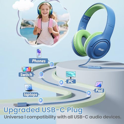 Acer USB‑C Kids Headphones for School, 85‑94dB Limiter, w/Mic HK03C | Foldable Wired Over Ear Headphones, for Toddler School/Travel/iPad/Tablet, Blue‑Green - color: USB-C Green Blue