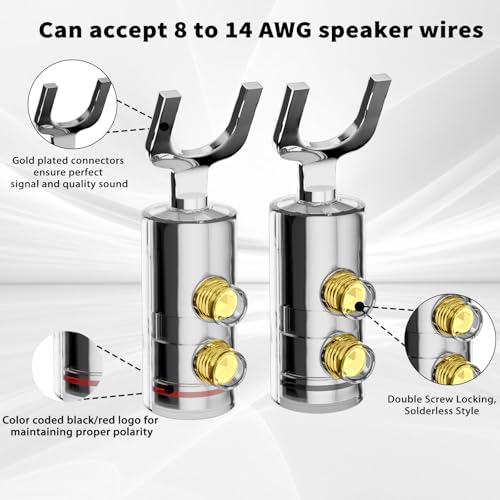 Preffair Rhodium Plated Y Spade Plug 8-14 AWG Gauge Size 4mm Speakers Amplifier Hi-Fi AV Stereo Home Theatre Audio Wire Cable Double Screw Connector, 4 Pcs/2Pairs (Rhodium Plated, SY1538) - color: Rhodium Plated, size: SY1538