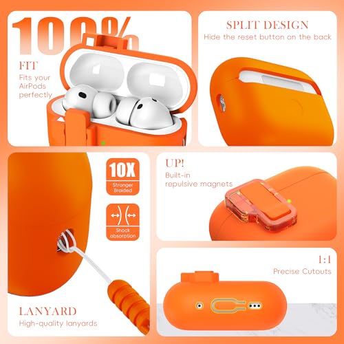 R-fun for AirPods Pro 3 Case Liquid Silicone with Lock, Orange | Magnetic Lid, Compatible with Apple AirPods Pro 3rd Generation with Strap & Cleaner Kit, MagSafe Compatible - color: C-Orange