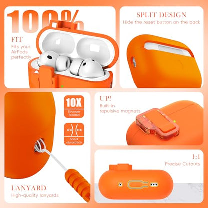 R-fun for AirPods Pro 3 Case Liquid Silicone with Lock, Orange | Magnetic Lid, Compatible with Apple AirPods Pro 3rd Generation with Strap & Cleaner Kit, MagSafe Compatible - color: C-Orange