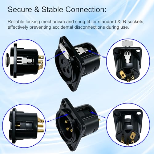 RIVIERA XLR Panel Mount Chassis 3pin Male & Female Nickel Plated Metal Housing and 24K Gold-Plated Contacts (5 Male + 5 Female Black) - color: Black, size: Male+Female