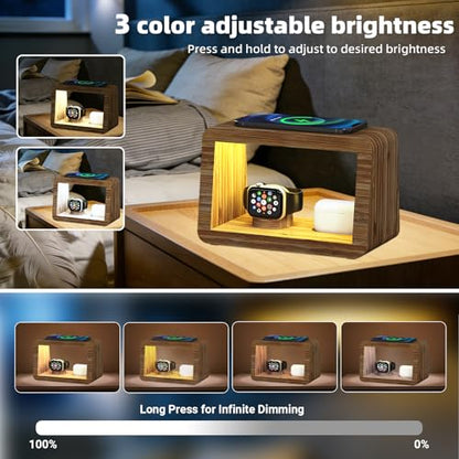 4 in 1 Bamboo Charging Station for Multiple Devices, 15W Fast Wireless Charger with Stepless Dimmable Night Light, Wood Style Dock Compatible with iPhone/iWatch/AirPods