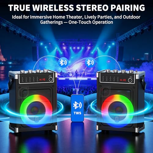 JYX Karaoke Machine with 2 Wireless Microphones, Portable Bass/Treble Bluetooth Speaker with LED Light, Support TWS, AUX in, FM, REC PA System with Remote Control, Supply for Party/Adults/Kids - color: Black