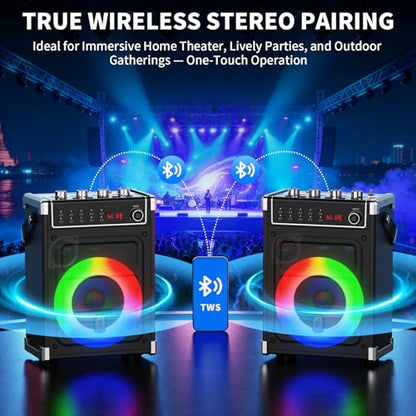 JYX Karaoke Machine with 2 Wireless Microphones, Portable Bass/Treble Bluetooth Speaker with LED Light, Support TWS, AUX in, FM, REC PA System with Remote Control, Supply for Party/Adults/Kids - color: Black