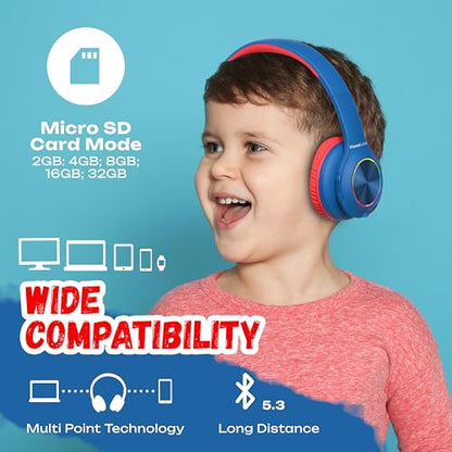 PowerLocus PLED Kids Bluetooth Headphones, Kids Wireless Headphones with LED Lights, 74/85/94dB Safe Volume, Micro SD, AUX Cable, Hi-Fi Stereo, Built-in Mic Over Ear Kid Headphone for Travel/Tablet/PC - color: Blue/Red