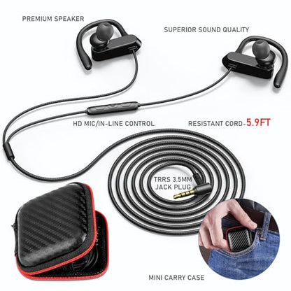 ASKUBSKU 5.9 ft Long Cord 3.5mm Headphones Sport Wired Earbuds with Mic | Earphone Stereo Over Ear Buds Wired Plug in with Ear Hook for Samsung Galaxy A25 A03s A15 S10 A12 for Switch/Laptop/PC