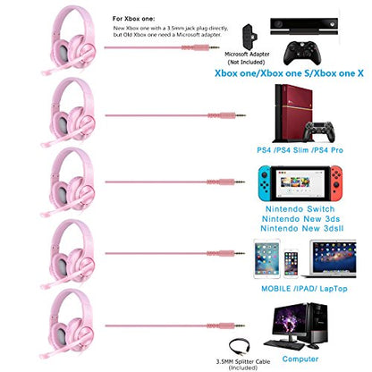 BlueFire Kids Headphones for Online School, Children, Teens, Boys, Girls, 3.5mm Stereo Over-Ear Gaming Headphone with Microphone and Volume Control for PS4, PS5, New Xbox One（Pink） - color: Pink