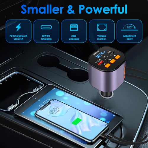 Retractable Car Charger,5 in 1 Fast Cars Phone Charger 90W,Bluetooth 5.3 FM Transmitter Adapter,Handsfree Call,2 Retractable Cables and USB Chargers for iPhone17/ 16/15/14/13/Samsung - color: Purplr