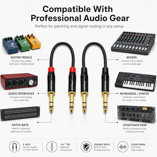 Professional Balanced TRS Patch Cable 1/4 Inch 6 Inch 2-Pack, 20AWG OFC Copper 24K Gold Plated Hand-Soldered, Studio Monitor Audio Interface Pedalboard Guitar Mixer