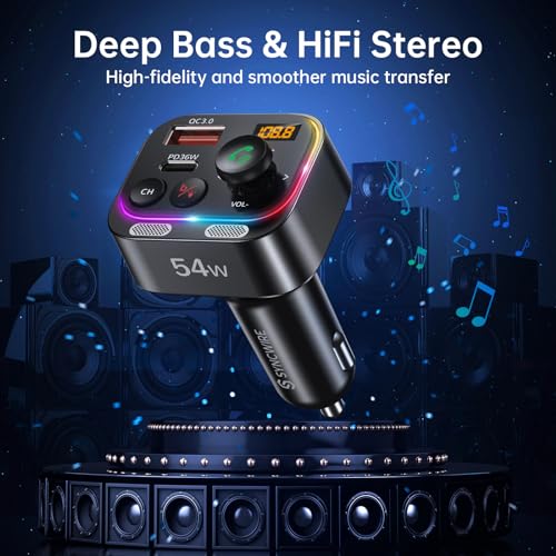 Syncwire Bluetooth 5.4 FM Transmitter Car Adapter 54W with Light Switch | [Stronger Dual Mics] [HiFi Bass Sound] [Fast Charging] Wireless Radio Receiver Hands-Free Calling LED Display - color: Black