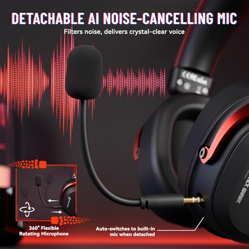 ATTACK SHARK L30 PRO Wireless Gaming Headset,7.1 Surround Sound, 50mm Drivers,20ms Low Latency,Detachable Noise-Canceling Mic, Aluminum Alloy Frame,Tri-Mode Connectivity Over-Ear Headset-Black Red - color: Black Red