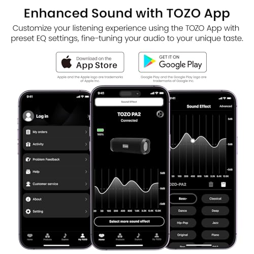 TOZO PA2 Portable Bluetooth Speaker with Dual Drivers and Bass Diaphragms | Deep Bass Stereo Sound, 25H Playtime, Cord Buckle Design, Custom EQ App Wireless Shower Speaker for Home Outdoors Travel