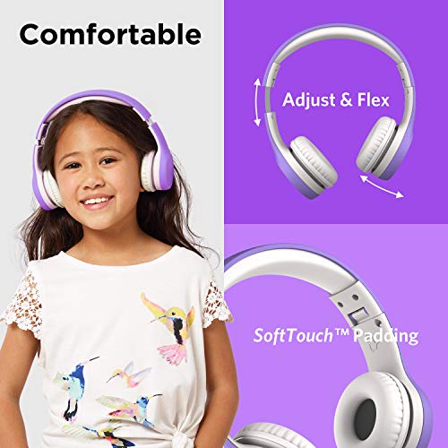 LilGadgets Connect+ Style On-Ear Kids Headphones with Microphone - SharePort Technology, SoftTouch Padding, Detachable Cable, Volume Limiting, Durable & Adjustable - Purple - color: Purple