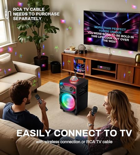 Karaoke Machine for Adults with 2 Wireless Microphones, BT PA System with Disco Ball LED Lights, Rolling Wheels, Tablet Holder, Remote Control, Support TWS/USB/AUX/TF/REC/FM for Home Parties