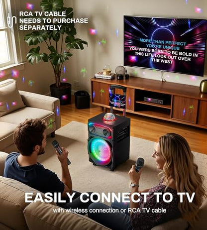 Karaoke Machine for Adults with 2 Wireless Microphones, BT PA System with Disco Ball LED Lights, Rolling Wheels, Tablet Holder, Remote Control, Support TWS/USB/AUX/TF/REC/FM for Home Parties