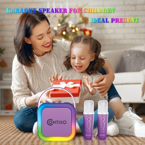 Contixo KS1 Mini Karaoke Machine for Kids, Portable Bluetooth Speaker with 2 Wireless Microphones & Dynamic Lights for Boys & Girls, Home Party Entertainment Toy (Purple) - color: Purple