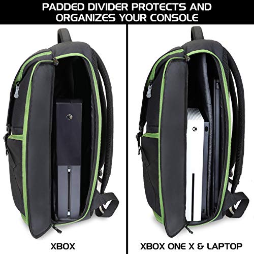 ENHANCE Xbox Backpack - Xbox Carrying Case Compatible with Series S, One X, One S - Storage Compartments for Controllers, Gaming Headset, Games & More Gaming Accessories - Green