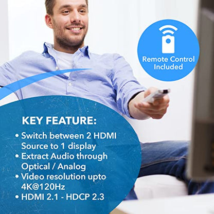 OREI 8K HDMI 2.1 2-Port Switch with Audio Extractor 48 Gbps, 8K@60Hz, EDID | hdmi switch with audio extractor, hdmi 2 in 1 out, Audio Out, HDCP 2.3, Gaming & Streaming, IR Remote, Plug & Play