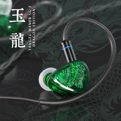 TANGZU Wan'er S.G II Jage Dragon Gaming IEM Earphones, 10mm PET Single Dynamic Driver in Ear Monitor Headphones with Mic for Studio Gaming, Flat Detachable 2-Pin Cable (Green 3.5mm Without Mic) - size: 3.5mm without Mic
