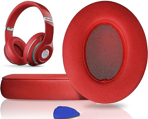 Replacement Ear Pads Cushions for Beats Studio 2 & Studio 3 Wired & Wireless Headphones, Earpads with Soft Protein Leather, Noise Isolation Memory Foam, Added Thickness - Red - color: Red