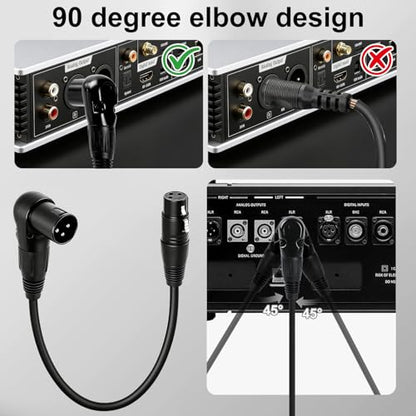 90 Degree Right Angle XLR Cable, 3-Pin Male to Female Short Audio Mic Cord, 25cm/9.84in Noise Reduction Extension for Studio Speaker Mixer
