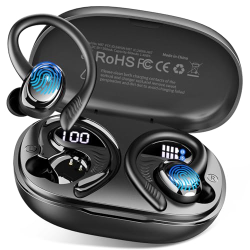 Hupoaf Wireless Earbuds Sport with Earhooks, 2026 Bluetooth 5.4 Headphones with 4 ENC Noise Canceling Mics, 50H Stereo Earphones for Running/Gym/Workout, IP7 Waterproof Over Ear Buds for Android/iOS