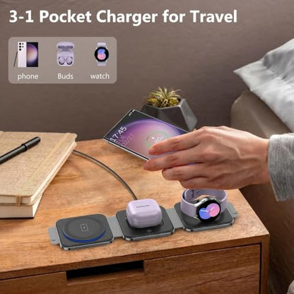 Travel Charger for Samsung Multi Devices, Foldable 3 in 1 Wireless Charging Station Fast Charging Stand/Pad Compatible for Samsung Galaxy S26/S25/S24/S23/S22/Note20 Galaxy Watch8/7/6/5/4/Galaxy Buds4 - color: black grey