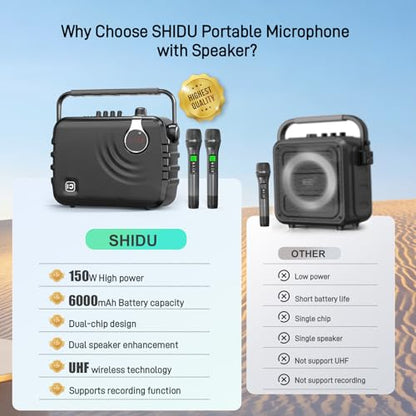 SHIDU 150W Portable PA System Bluetooth Speaker with 2 Wireless Microphones | Voice Amplifier Karaoke Machine for Adults, Support Guitar/USB/TF/Aux Input, Professional Speaker for Teaching Events Party