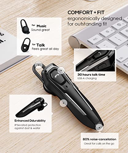Single Bluetooth Headphones for One Ear, 30H Talking Time, Dual Noise Cancelling Mic Hands-Free Calls Wireless Headsets, Hands Free Wireless Bluetooth Earpiece, Trucker Bluetooth Headset, for Laptop
