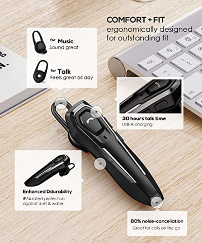 Single Bluetooth Headphones for One Ear, 30H Talking Time, Dual Noise Cancelling Mic Hands-Free Calls Wireless Headsets, Hands Free Wireless Bluetooth Earpiece, Trucker Bluetooth Headset, for Laptop
